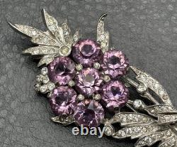 Vintage VTG Reja Faux Amethyst Rhinestone Flower Bouquet Brooch Silver