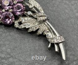 Vintage VTG Reja Faux Amethyst Rhinestone Flower Bouquet Brooch Silver