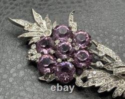 Vintage VTG Reja Faux Amethyst Rhinestone Flower Bouquet Brooch Silver