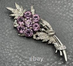 Vintage VTG Reja Faux Amethyst Rhinestone Flower Bouquet Brooch Silver