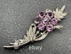 Vintage VTG Reja Faux Amethyst Rhinestone Flower Bouquet Brooch Silver