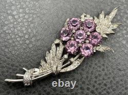 Vintage VTG Reja Faux Amethyst Rhinestone Flower Bouquet Brooch Silver