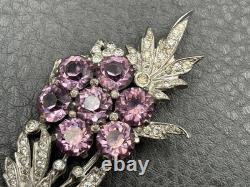 Vintage VTG Reja Faux Amethyst Rhinestone Flower Bouquet Brooch Silver