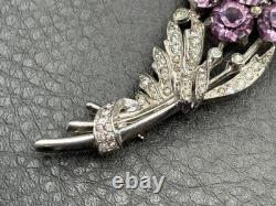 Vintage VTG Reja Faux Amethyst Rhinestone Flower Bouquet Brooch Silver