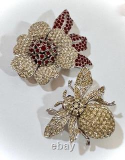 Vintage Valentine Ciner Flower Brooch, Ruby Red & Clear Rhinestones, Signed