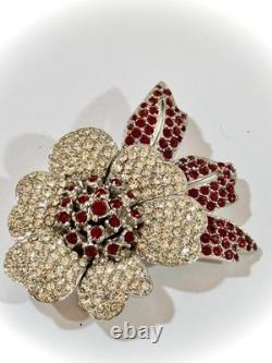 Vintage Valentine Ciner Flower Brooch, Ruby Red & Clear Rhinestones, Signed