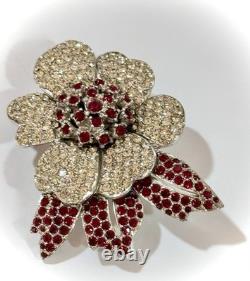 Vintage Valentine Ciner Flower Brooch, Ruby Red & Clear Rhinestones, Signed