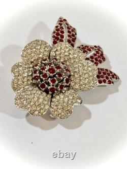 Vintage Valentine Ciner Flower Brooch, Ruby Red & Clear Rhinestones, Signed