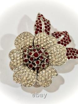 Vintage Valentine Ciner Flower Brooch, Ruby Red & Clear Rhinestones, Signed