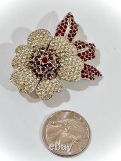 Vintage Valentine Ciner Flower Brooch, Ruby Red & Clear Rhinestones, Signed