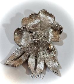 Vintage Valentine Ciner Flower Brooch, Ruby Red & Clear Rhinestones, Signed