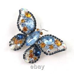 Vintage Vendome Butterfly Brooch Large Blue Yellow Rhinestones Silver Tone
