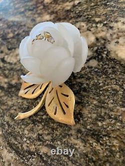 Vintage Vendome Milky Lucite Flower WithRhinestones Gold Tone Brooch Signed Scarce