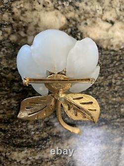 Vintage Vendome Milky Lucite Flower WithRhinestones Gold Tone Brooch Signed Scarce