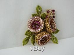 Vintage Vendome Pink Chrysanthemum Enamel Rhinestone Brooch Earring Set Jewelry