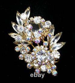 Vintage Verified D&E JULIANA Rhinestone Brooch Large Flower Spray Gold Tone