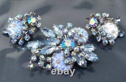 Vintage W Germany Blue AB Rhinestone Lucite Flowers Cabochon Brooch Earrings Set