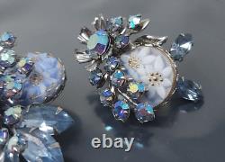 Vintage W Germany Blue AB Rhinestone Lucite Flowers Cabochon Brooch Earrings Set