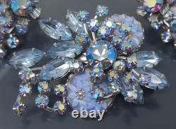 Vintage W Germany Blue AB Rhinestone Lucite Flowers Cabochon Brooch Earrings Set