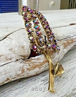 Vintage WEISS Floral Mushroom Shaped Signed Pink AB Rhinestone Brooch Jewelry #1