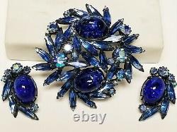 Vintage WEISS Foiled Royal Blue Art Glass & Blue Rhinestone Earrings Brooch SET
