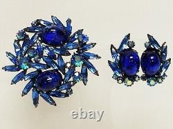 Vintage WEISS Foiled Royal Blue Art Glass & Blue Rhinestone Earrings Brooch SET