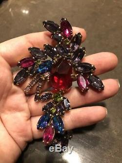 Vintage WEISS Large Brooch and Clip On Earrings Colorful Rhinestone Jewelry Set
