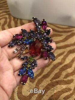 Vintage WEISS Large Brooch and Clip On Earrings Colorful Rhinestone Jewelry Set