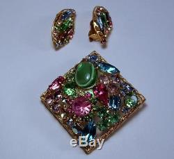 Vintage WEISS Pastel Tutti Frutti Rhinestone Poured Glass Brooch & Clip Earrings