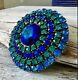 Vintage WEISS Signed Blue Green Domed Round Circular Rhinestone Brooch #15