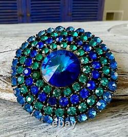 Vintage WEISS Signed Blue Green Domed Round Circular Rhinestone Brooch #15