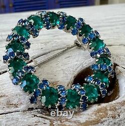 Vintage WEISS Signed Blue Green Prong Set Round Circle Rhinestone Brooch #2