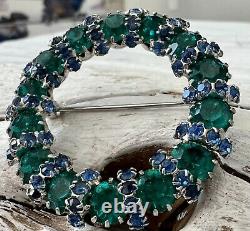 Vintage WEISS Signed Blue Green Prong Set Round Circle Rhinestone Brooch #2