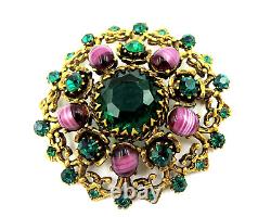 Vintage WEISS Signed Green Rhinestone Pink Art Glass Victorian Revival 2 Brooch
