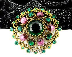 Vintage WEISS Signed Green Rhinestone Pink Art Glass Victorian Revival 2 Brooch
