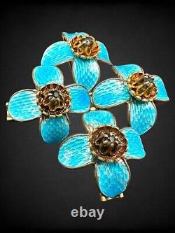 Vintage Walter Lampl Blue Guilloche Enamel Rhinestone Trembler Flower Brooch