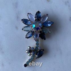 Vintage Weiss 3 Signed Flower Blue And AB Stunning Rhinestone Brooch Pin