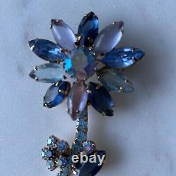 Vintage Weiss 3 Signed Flower Blue And AB Stunning Rhinestone Brooch Pin