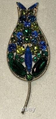 Vintage Weiss 4 Green & Blue Rhinestone Tulip Flower Brooch MCM 1950s 25g