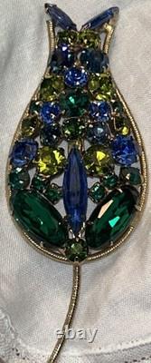 Vintage Weiss 4 Green & Blue Rhinestone Tulip Flower Brooch MCM 1950s 25g