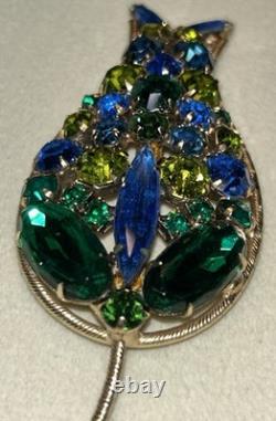 Vintage Weiss 4 Green & Blue Rhinestone Tulip Flower Brooch MCM 1950s 25g