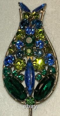 Vintage Weiss 4 Green & Blue Rhinestone Tulip Flower Brooch MCM 1950s 25g