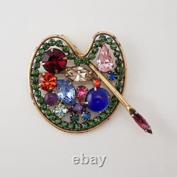 Vintage Weiss Artist Painters Palette Rhinestone Cabochon Gold Tone Pin Brooch