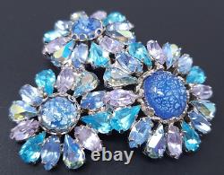 Vintage Weiss Blue Rhinestone Murano Glass Daisy Flowers Brooch