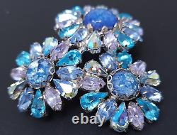 Vintage Weiss Blue Rhinestone Murano Glass Daisy Flowers Brooch