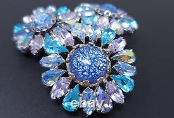 Vintage Weiss Blue Rhinestone Murano Glass Daisy Flowers Brooch