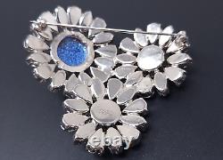 Vintage Weiss Blue Rhinestone Murano Glass Daisy Flowers Brooch