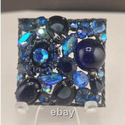 Vintage Weiss Brooch Blue Rhinestone AB Square Statement Pin 1.75in