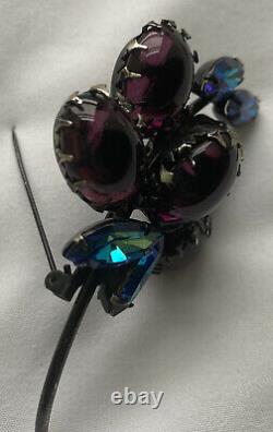 Vintage Weiss Brooch Purple Glass Cabochons Sapphire Blue Rhinestones 3 Signed