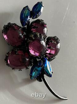 Vintage Weiss Brooch Purple Glass Cabochons Sapphire Blue Rhinestones 3 Signed